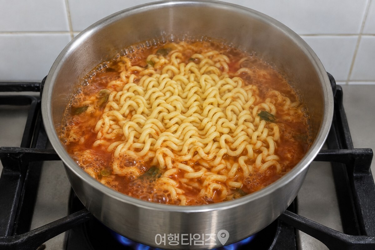 붉은 국물 속에서 풀리기 시작한 라면 면발과 잔잔한 거품이 냄비 안에 보인다. / 기사 이해를 돕기 위한 생성형 이미지