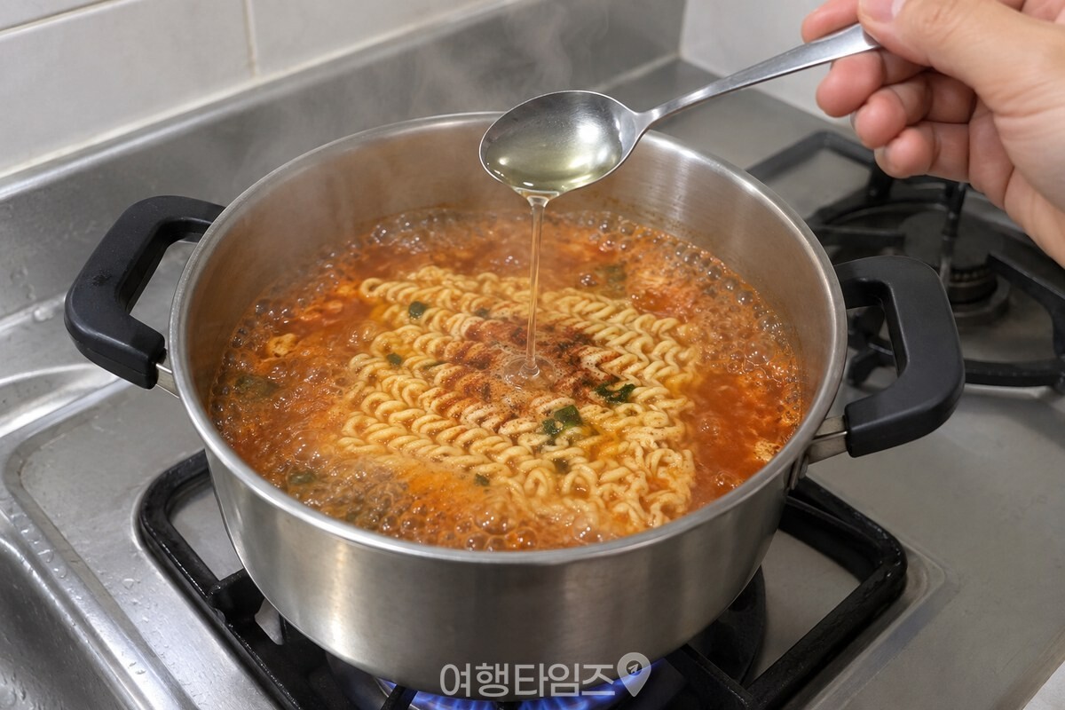 끓는 라면 냄비 가운데로 무향 식용유를 작은 숟가락으로 천천히 두르는 모습이다. / 기사 이해를 돕기 위한 생성형 이미지