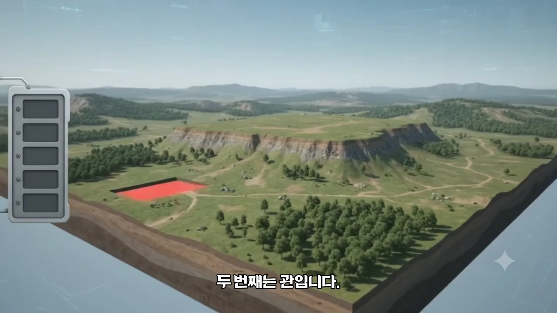 단면이 드러난 언덕 지형을 입체적으로 보여주는 그래픽으로, 한쪽 평지에 붉은색 사각형 영역이 표시되어 있으며 왼쪽에는 수직 제어 패널이 보입니다.