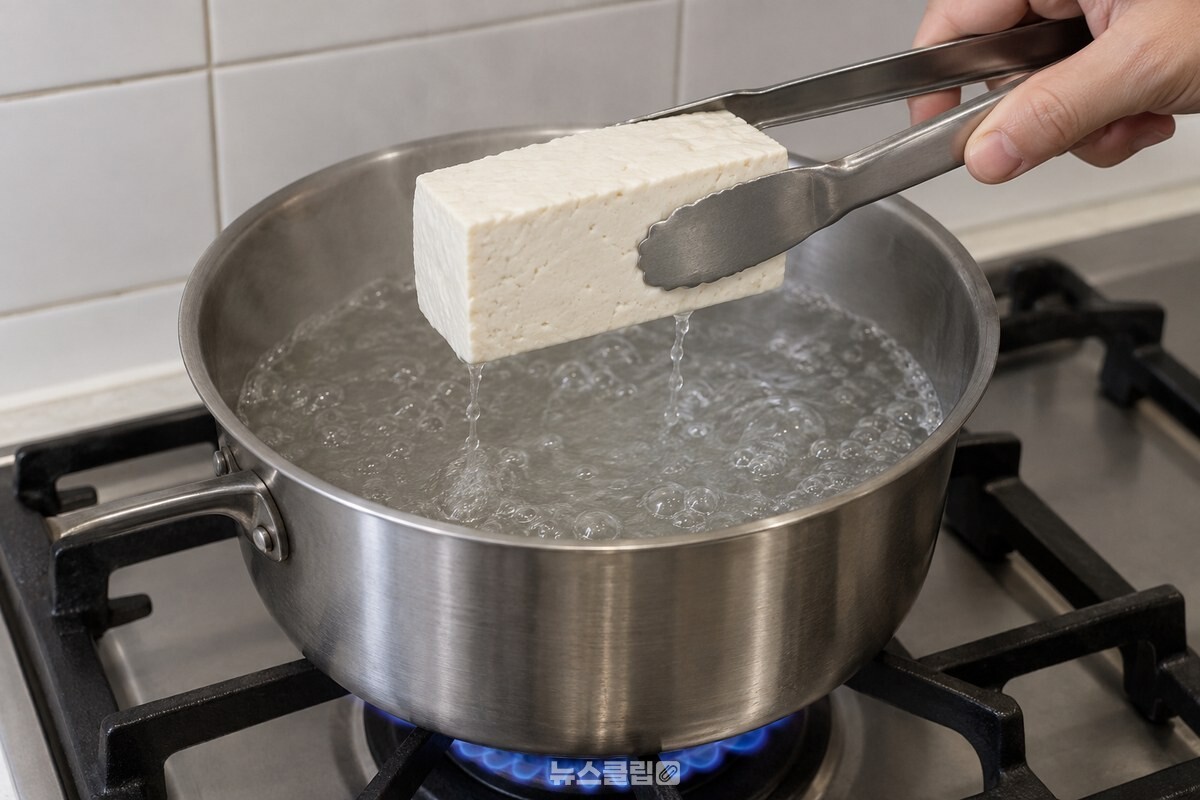 끓는 소금물에서 데친 두부 반 모를 집게로 건져 올리는 순간. / 기사 이해를 돕기 위한 생성형 이미지