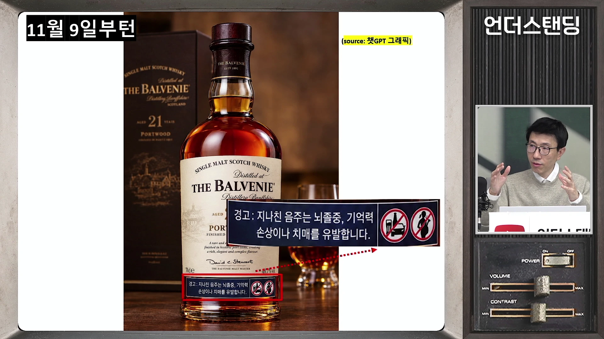 위스키 병 전면에 음주 경고 문구와 그림이 부착된 모습을 합성한 그래픽 이미지와 오른쪽 상단에 대화를 나누는 남성이 보이는 영상 화면.
