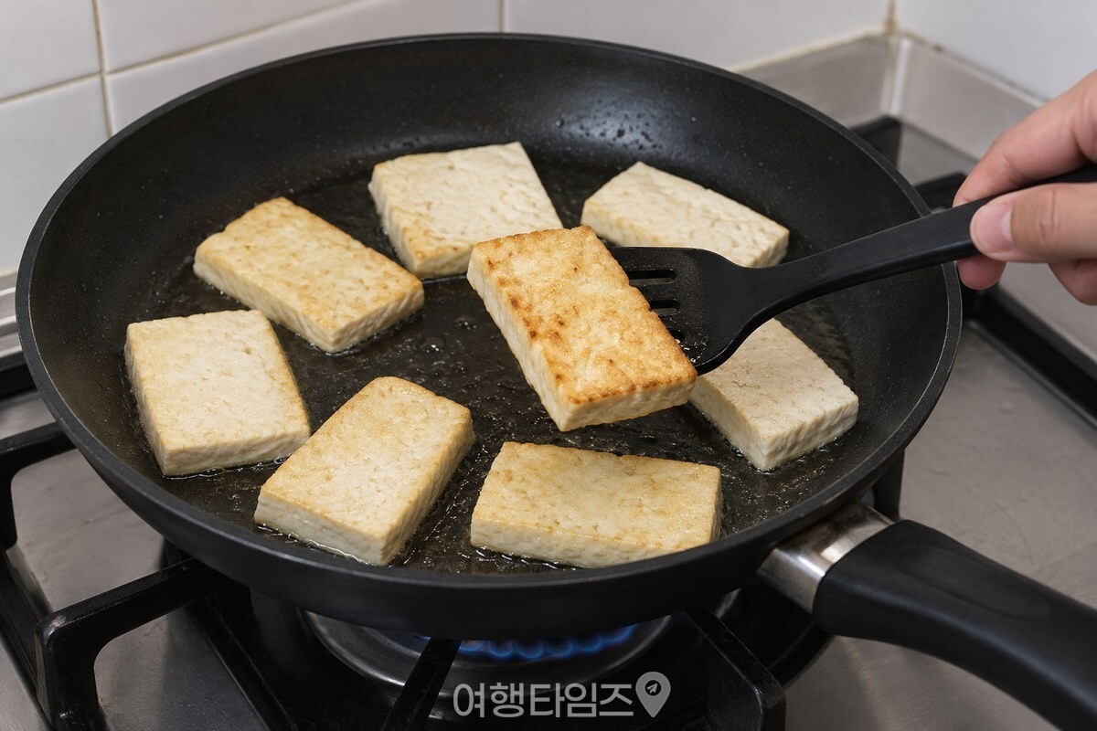 팬에서 두부 한 조각을 뒤집개로 들어 올려 가장자리가 연한 갈색으로 구워진 면을 보이고 있다. / 기사 이해를 돕기 위한 생성형 이미지