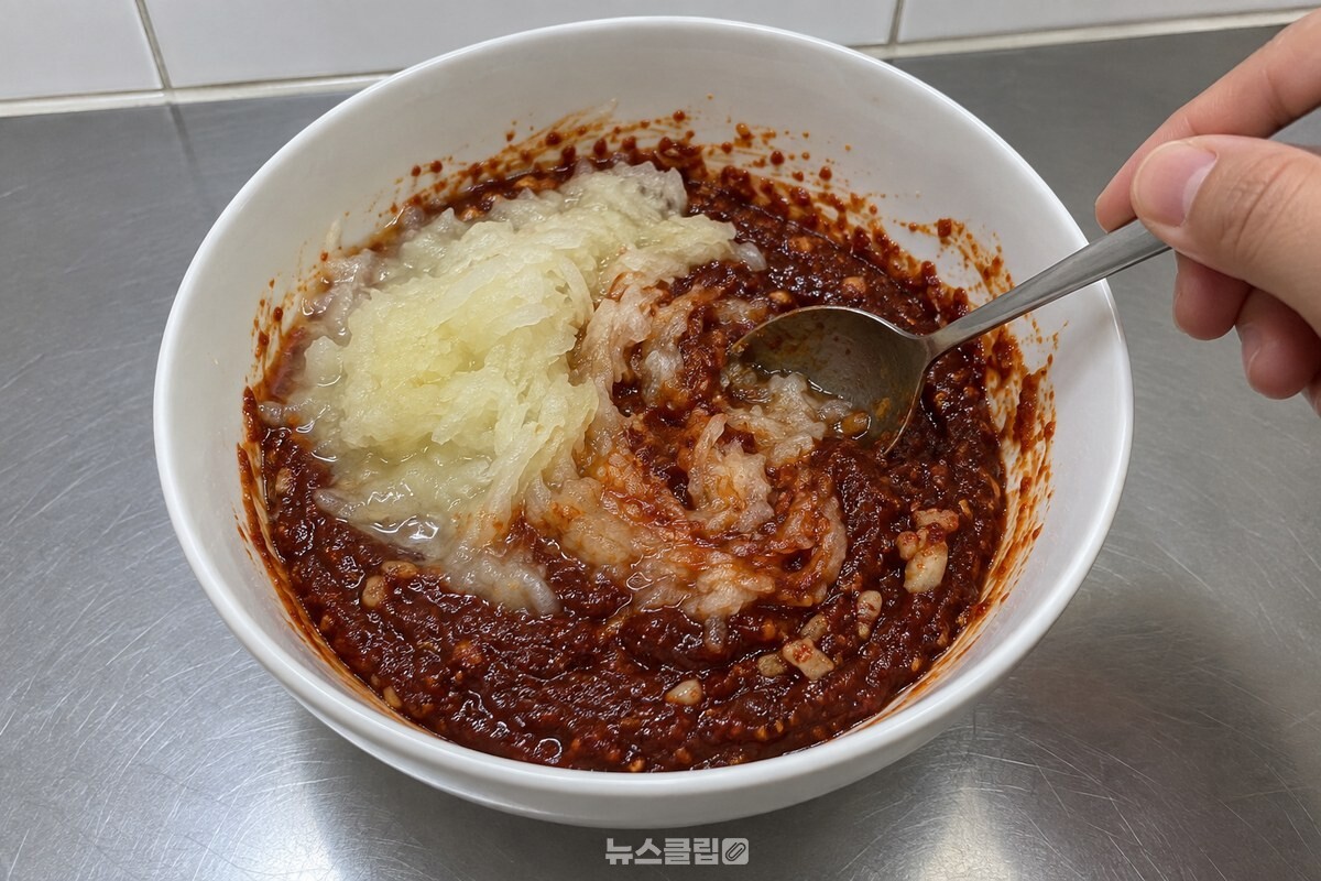 고추장과 고춧가루, 간장, 다진 마늘을 섞어 둔 양념장에 간 양파를 넣고 젓는 모습. / 기사 이해를 돕기 위한 생성형 이미지