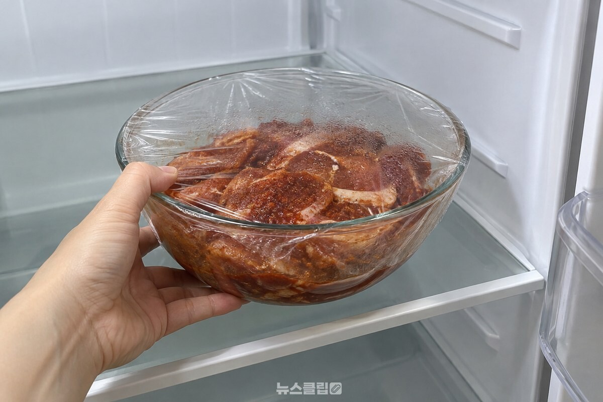 랩을 씌운 양념 고기 그릇을 냉장고 선반에 넣어 30분간 재우는 모습. / 기사 이해를 돕기 위한 생성형 이미지