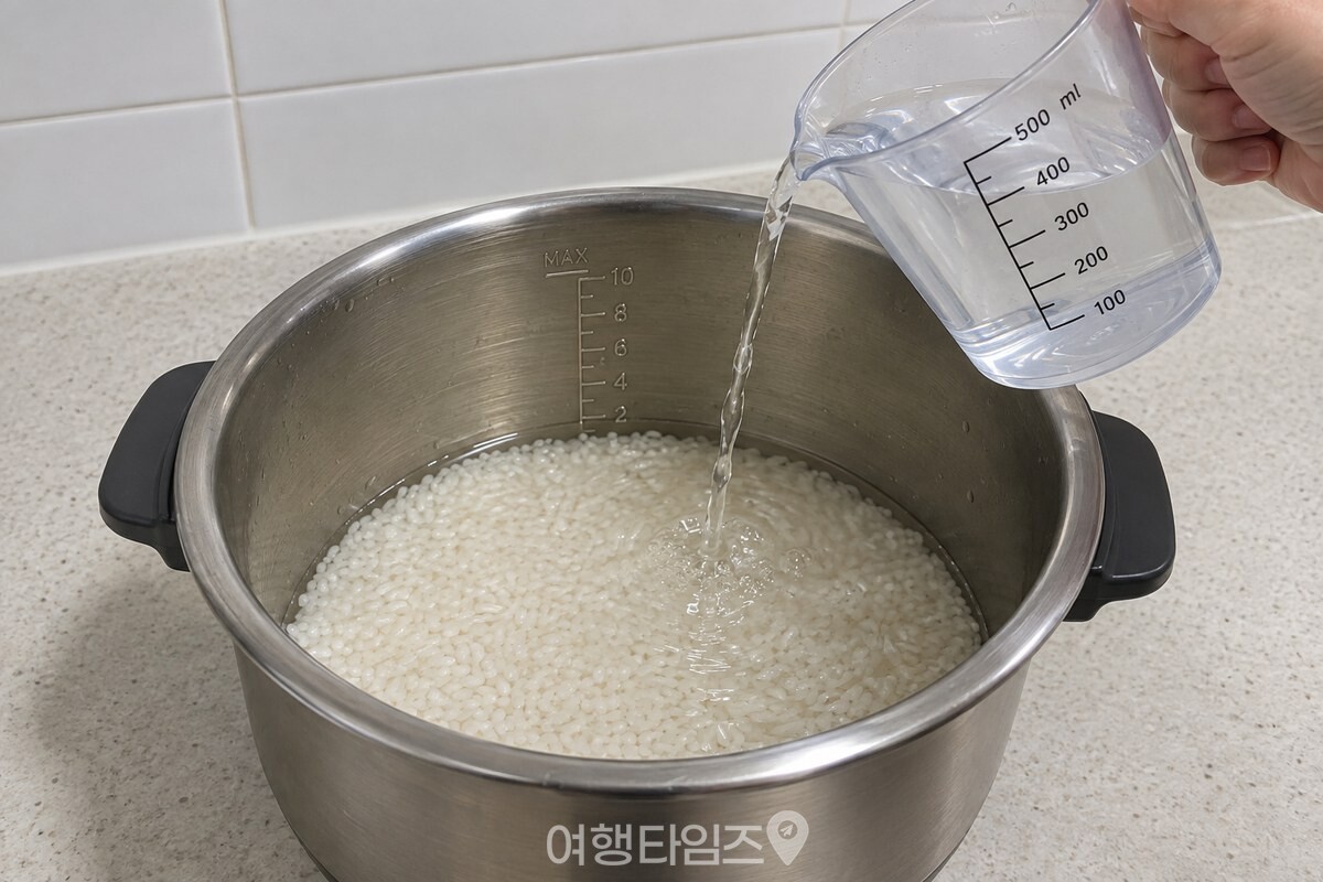 스테인리스 내솥에 담긴 쌀 위로 투명 계량컵의 물을 붓고 있다. / 기사 이해를 돕기 위한 생성형 이미지