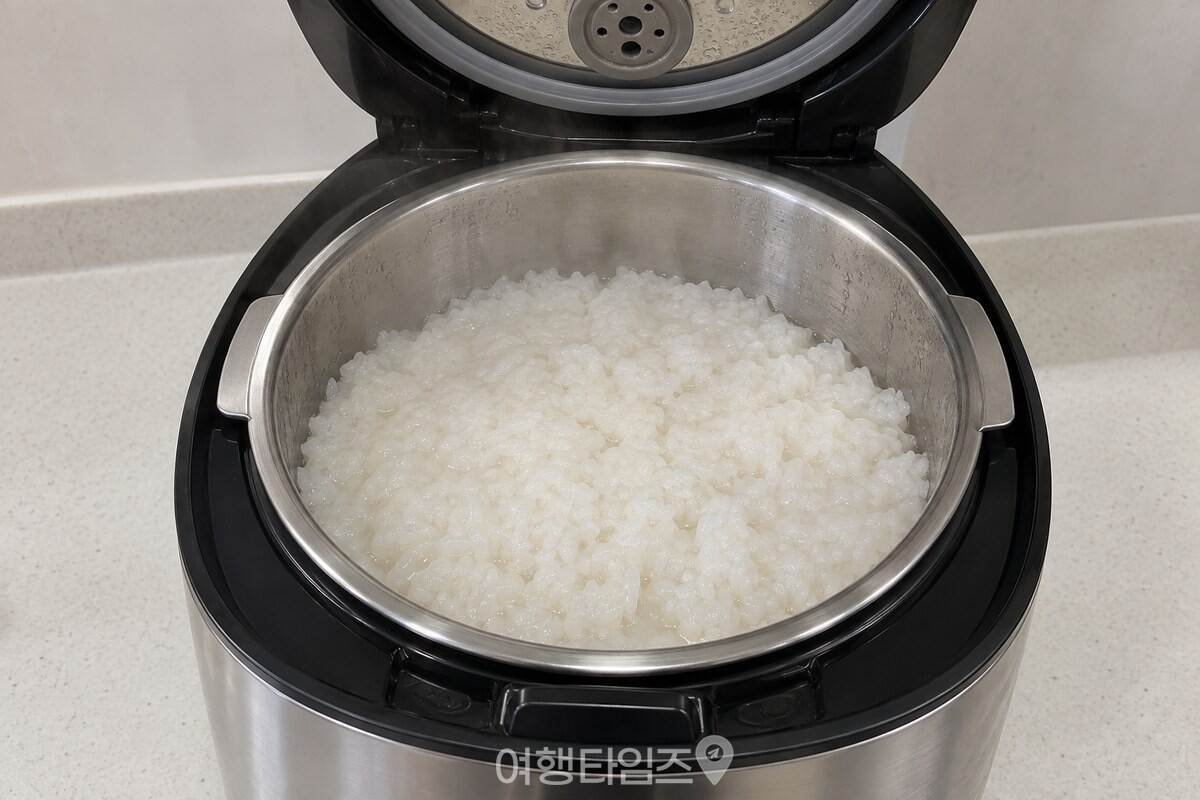 전기밥솥 뚜껑을 열자 스테인리스 내솥 안에 밥알이 서로 엉겨 붙은 진밥이 담겨 있다. / 기사 이해를 돕기 위한 생성형 이미지