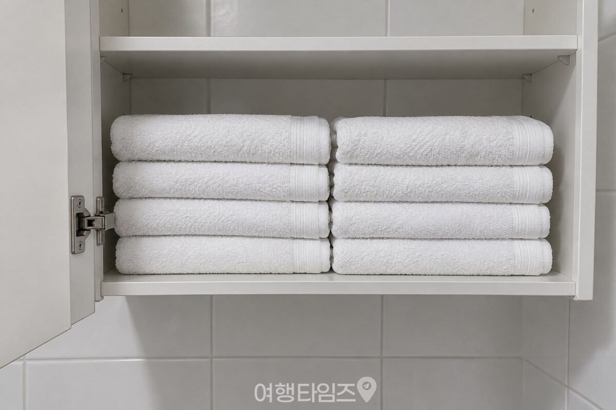 욕실 붙박이 수납장 문을 연 안쪽에 접힌 흰 수건이 두 줄로 쌓여 있다. / 기사 이해를 돕기 위한 생성형 이미지