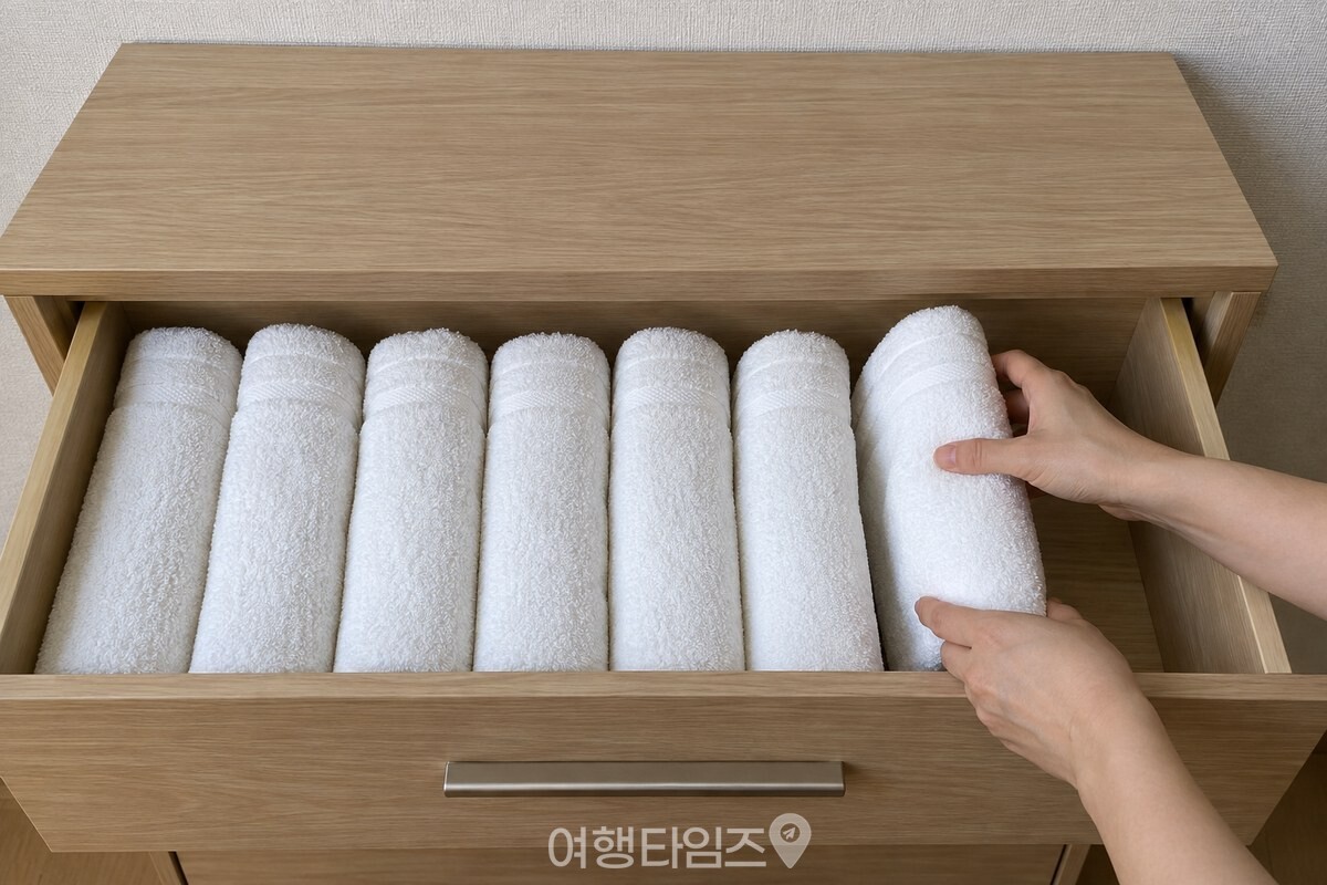 침실 서랍장 서랍을 열고 접은 수건을 세워 나란히 넣고 있다. / 기사 이해를 돕기 위한 생성형 이미지