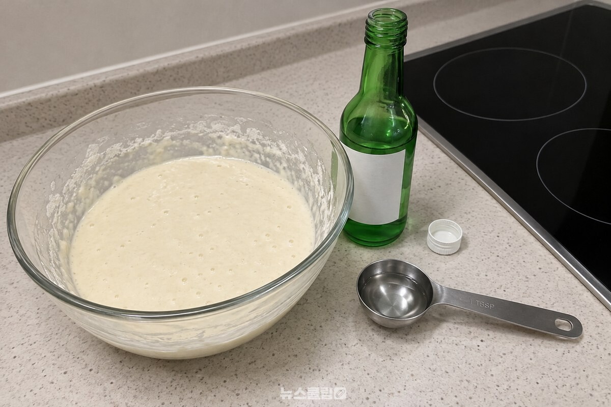 맑은 반죽 옆에 소주병과 계량스푼을 두고 마지막 재료를 준비한 모습. / 기사 이해를 돕기 위한 생성형 이미지