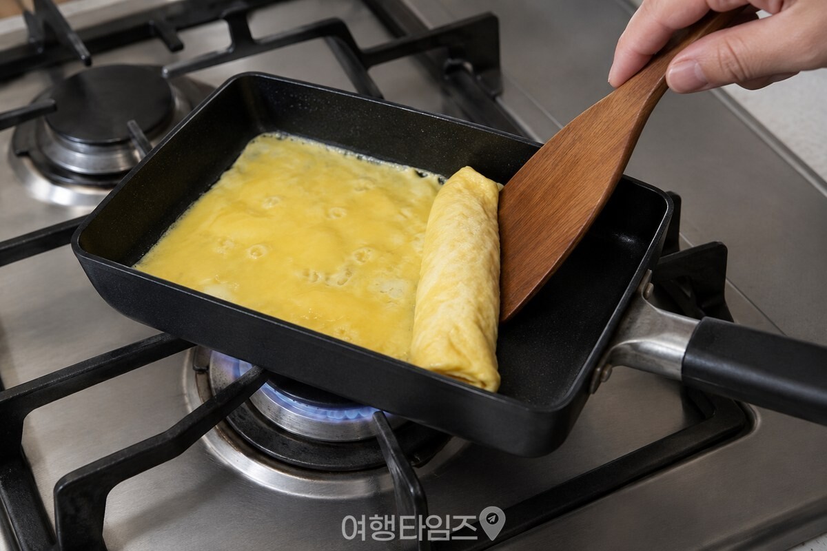 얇게 익은 계란을 사각 팬 한쪽에서부터 주걱으로 천천히 말고 있다. / 기사 이해를 돕기 위한 생성형 이미지