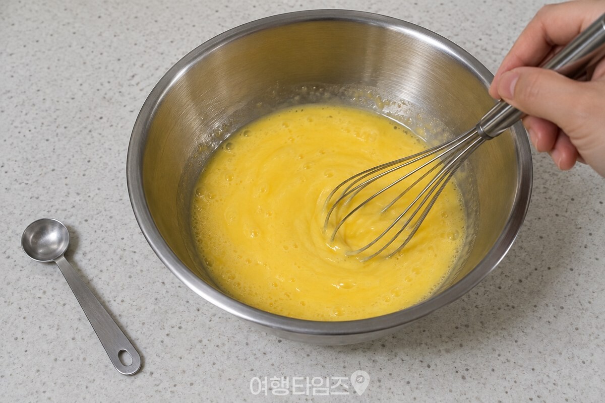 맑고 고르게 풀린 계란물에 마요네즈 1작은술을 넣어 거품기로 젓고 있다. / 기사 이해를 돕기 위한 생성형 이미지
