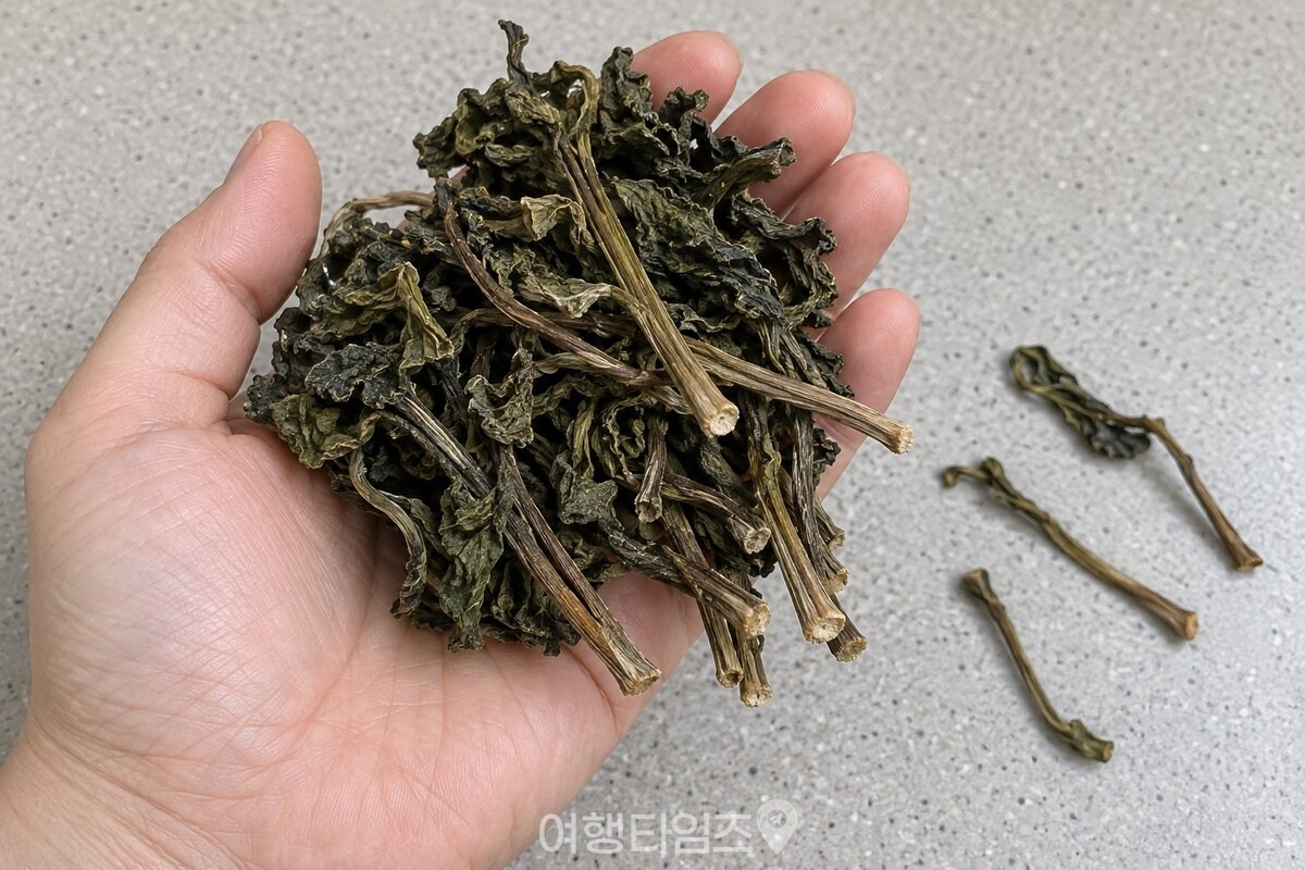 마른 취나물 한 줌을 손바닥에 올려 잎과 오그라든 줄기의 굵기 차이를 보여 준다. / 기사 이해를 돕기 위한 생성형 이미지