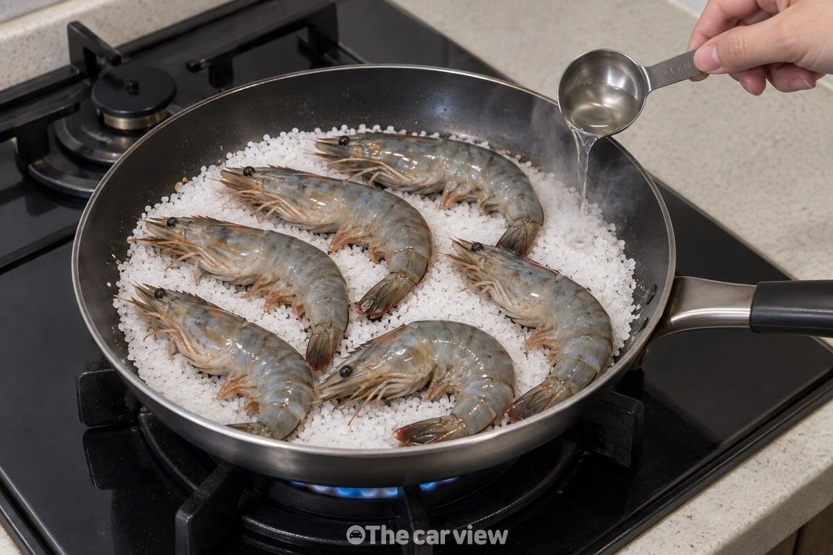 굵은소금 위에 나란히 올린 대하에 맛술을 가장자리 쪽에서 두르는 장면. / 기사 이해를 돕기 위한 생성형 이미지