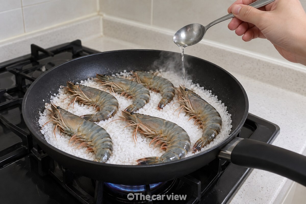 달궈진 소금 위 대하에 팬 가장자리에서 맛술 한 스푼을 두르는 모습. / 기사 이해를 돕기 위한 생성형 이미지
