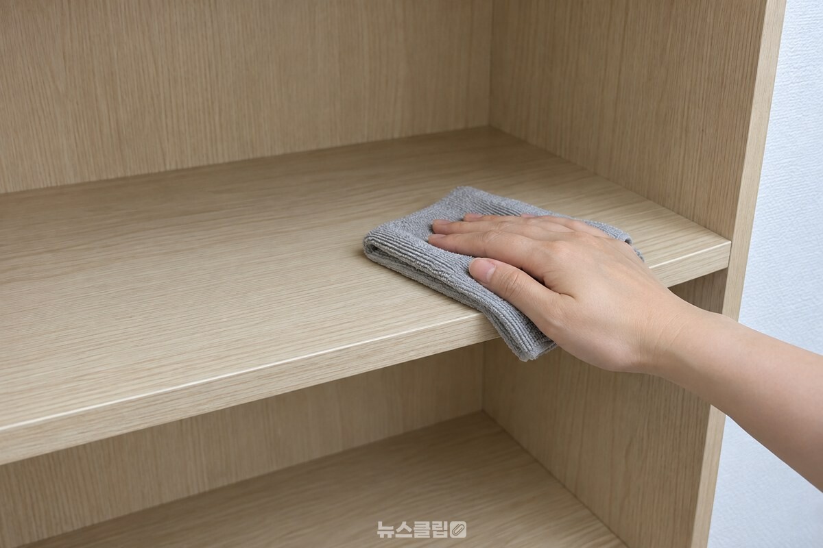 목재 결 방향을 따라 장식장 선반을 넓게 닦는 모습. / 기사 이해를 돕기 위한 생성형 이미지