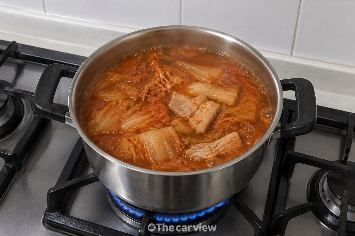 국물이 진한 갈색빛을 띠는 김치찌개가 작은 스테인리스 냄비에 담겨 가스레인지 위에 놓여 있다. / 기사 이해를 돕기 위한 생성형 이미지