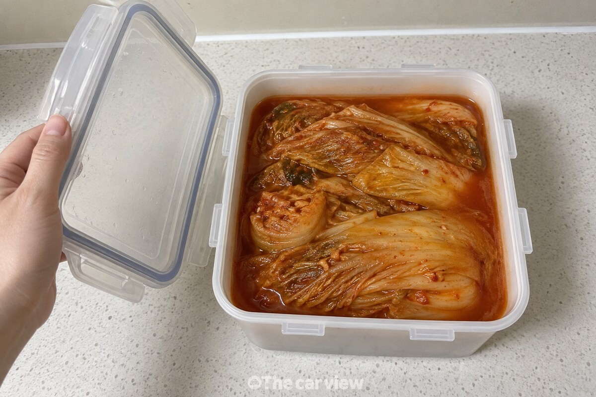 뚜껑을 연 김치통 안에 노랗게 익은 김치가 국물에 잠겨 있고, 국물이 김치 위까지 올라와 있다. / 기사 이해를 돕기 위한 생성형 이미지