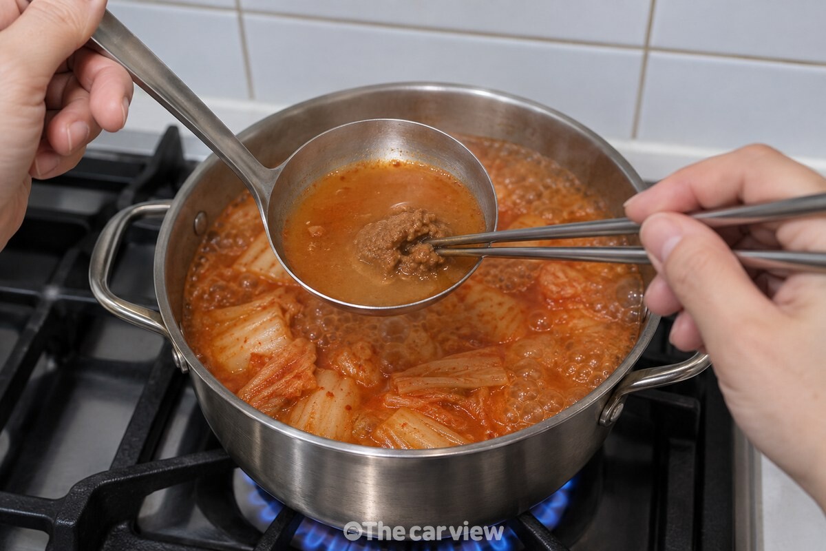 끓는 냄비 위에서 국자에 덜어 담은 국물에 된장을 젓가락으로 풀어 섞고 있다. / 기사 이해를 돕기 위한 생성형 이미지