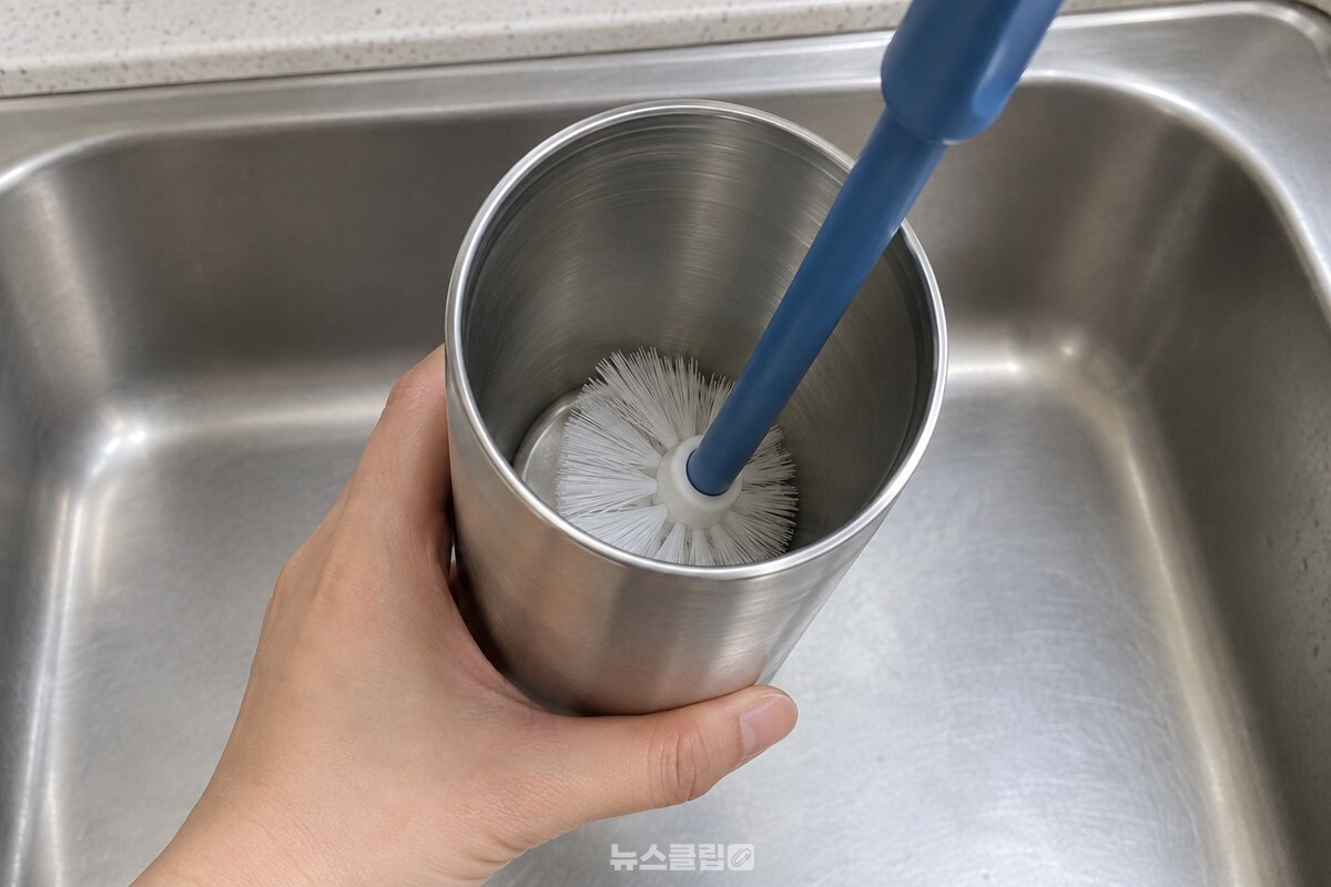 긴 손잡이 솔을 텀블러 안에 넣어 바닥까지 닿게 한 모습으로, 솔모가 둥근 모서리를 비켜 가 있다. / 기사 이해를 돕기 위한 생성형 이미지