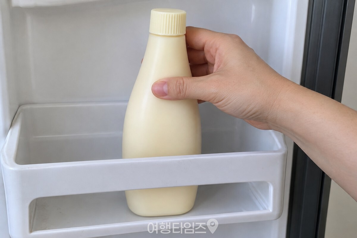 한 손으로 마요네즈 통을 냉장고 문 쪽 선반에 똑바로 세워 놓는 동작. / 기사 이해를 돕기 위한 생성형 이미지
