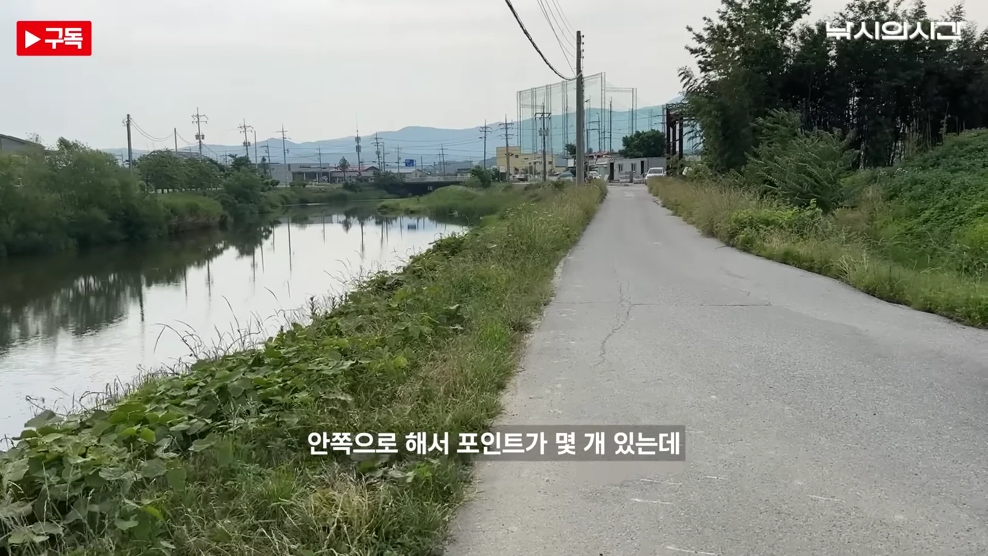 강변을 따라 이어진 좁은 아스팔트 도로와 그 옆으로 흐르는 하천의 풍경을 보여주는 영상 화면이다.