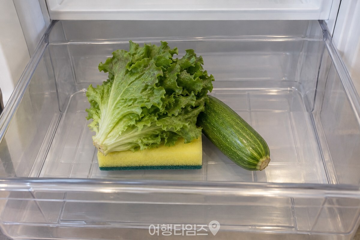 냉장고 야채칸을 열어 바닥에 깐 새 주방 스펀지 한 조각과 그 위에 올린 채소를 내려다본 모습. / 기사 이해를 돕기 위한 생성형 이미지