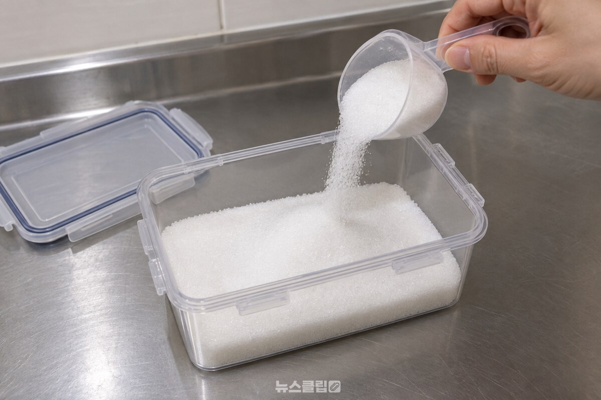 물기를 닦아 말린 빈 밀폐용기 바닥에 흰 설탕을 1~2cm 두께로 평평하게 깔고 있다. / 기사 이해를 돕기 위한 생성형 이미지