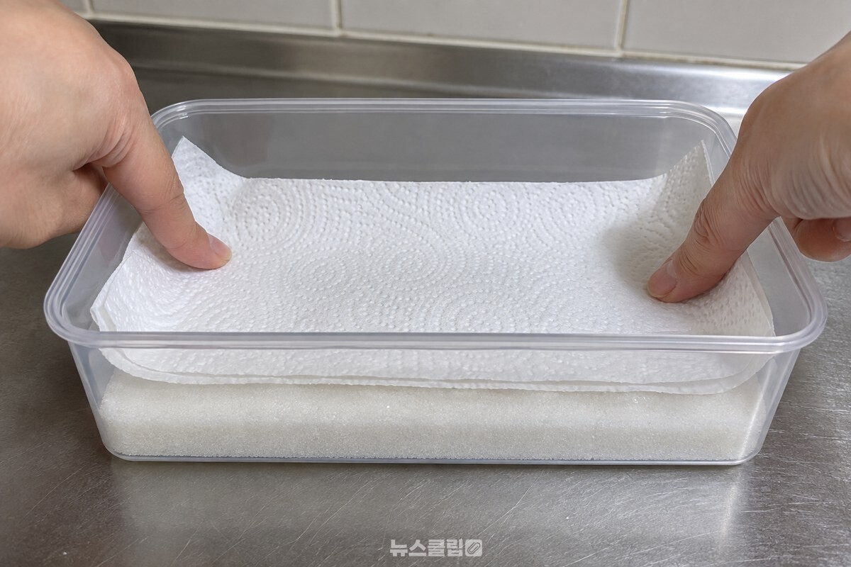 설탕 위에 키친타월 두 장을 겹쳐 덮고 가장자리를 용기 안쪽 벽으로 조금 올려 펴 주는 모습. / 기사 이해를 돕기 위한 생성형 이미지