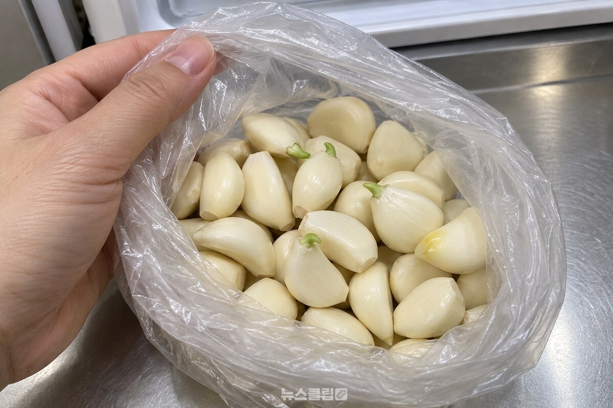 냉장실에서 꺼낸 깐마늘 봉지를 열어 보니 끝에 연두색 싹이 올라온 마늘 두어 쪽이 섞여 있다. / 기사 이해를 돕기 위한 생성형 이미지