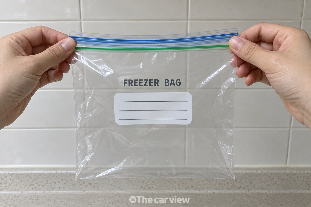 빈 지퍼백 앞면을 펼쳐 들고 'FREEZER BAG'이라고 인쇄된 표시를 확인하는 모습. / 기사 이해를 돕기 위한 생성형 이미지