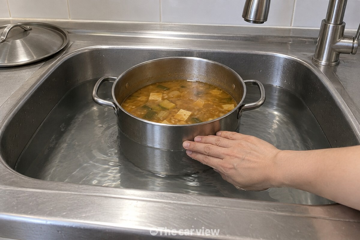 찬물을 받은 싱크대에 냄비를 담가 두고 손등을 냄비 옆면에 대어 온도를 확인하는 모습. / 기사 이해를 돕기 위한 생성형 이미지