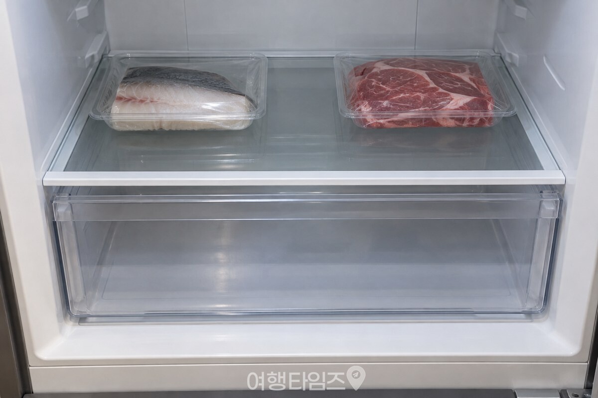 냉장실 하단 선반 안쪽에 포장한 생선과 육류를 따로 둔 모습. / 기사 이해를 돕기 위한 생성형 이미지