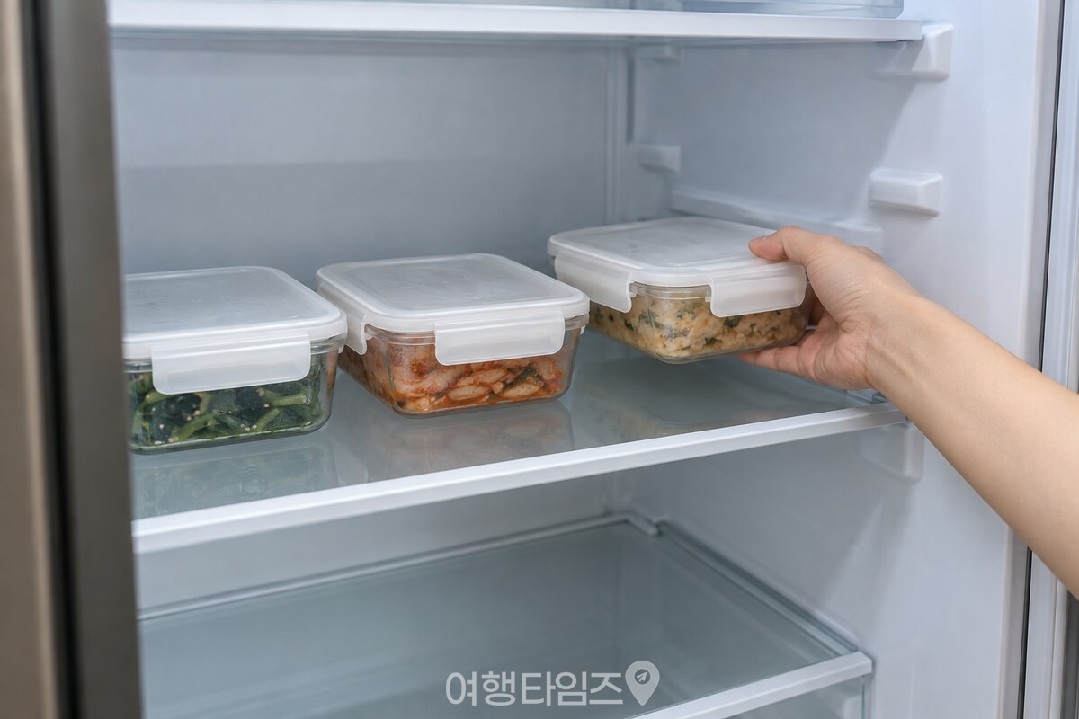 손이 냉장실 중단 선반 안쪽에 반찬통을 나란히 놓고 있다. / 기사 이해를 돕기 위한 생성형 이미지