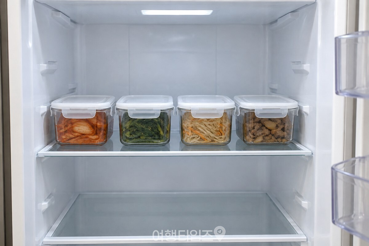 냉장실 중단 선반 안쪽에 높이가 비슷한 반찬통을 한 줄로 정리한 모습. / 기사 이해를 돕기 위한 생성형 이미지