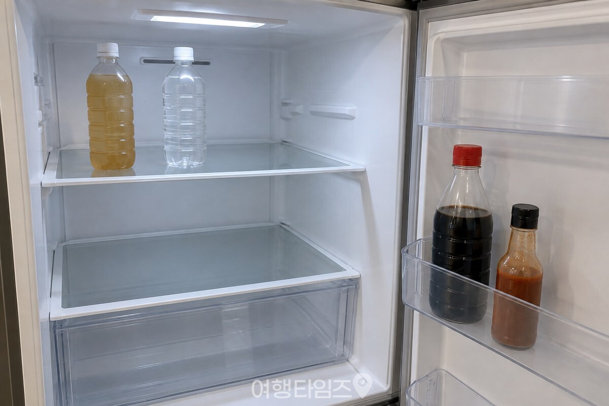 냉장실 맨 위 선반과 문 선반에는 음료와 조미료만 놓인 상태. / 기사 이해를 돕기 위한 생성형 이미지