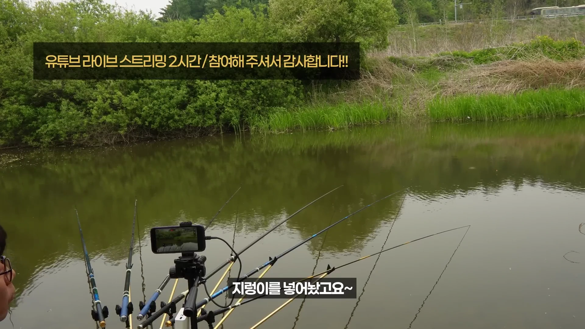강가에 여러 대의 낚싯대가 펼쳐져 있고, 스마트폰 삼각대 거치대와 함께 '유튜브 라이브 스트리밍 2시간/참여해 주셔서 감사합니다!!'라는 문구가 화면 상단에 자막으로 표시된 영상 캡처 화면입니다.