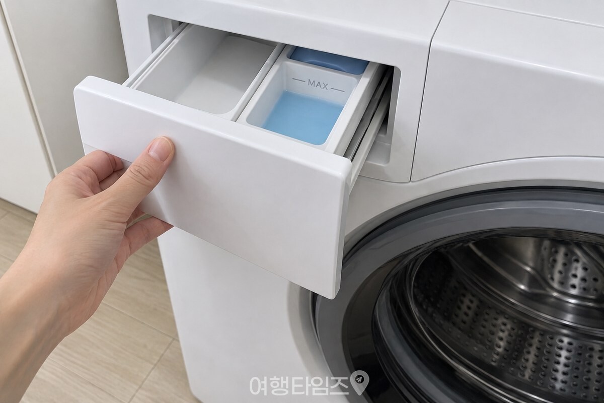 손으로 유연제함을 천천히 밀어 넣는 세탁기 앞 장면. / 기사 이해를 돕기 위한 생성형 이미지