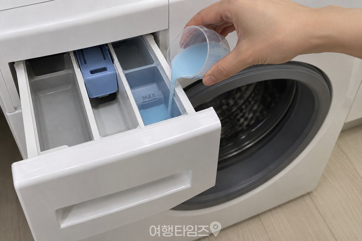 작은 투명 컵에서 물을 섞은 유연제를 유연제함 MAX선 아래로 붓는 모습. / 기사 이해를 돕기 위한 생성형 이미지