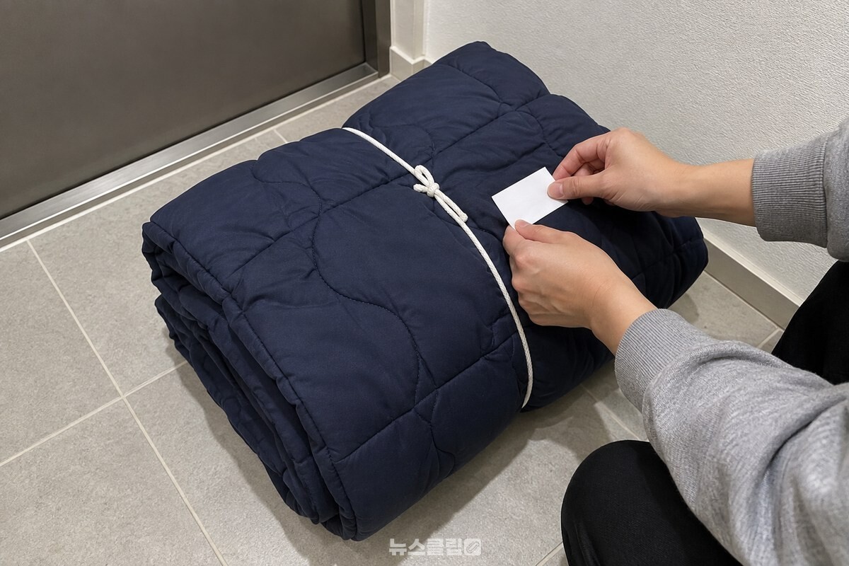 현관 앞에서 이불을 접어 끈으로 한 번 묶고 배출용 표식을 붙이고 있다. / 기사 이해를 돕기 위한 생성형 이미지
