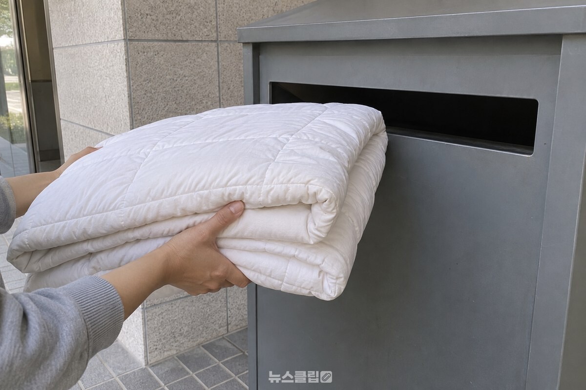 좁은 투입구 앞에서 두꺼운 솜 이불의 부피가 크게 보인다. / 기사 이해를 돕기 위한 생성형 이미지