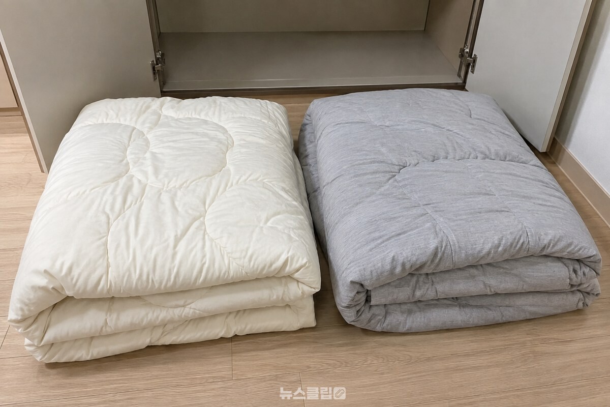 이불장 앞 바닥에 정리할 두꺼운 솜 이불 두 채가 접혀 놓여 있다. / 기사 이해를 돕기 위한 생성형 이미지
