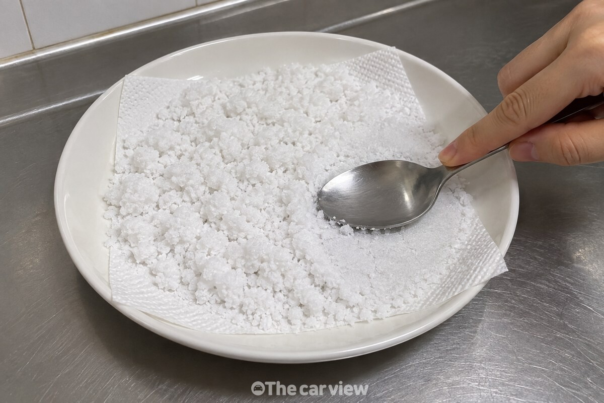흰 접시에 키친타월을 깔고 굳은 소금을 올려 숟가락 등으로 얇고 넓게 펴고 있다. / 기사 이해를 돕기 위한 생성형 이미지