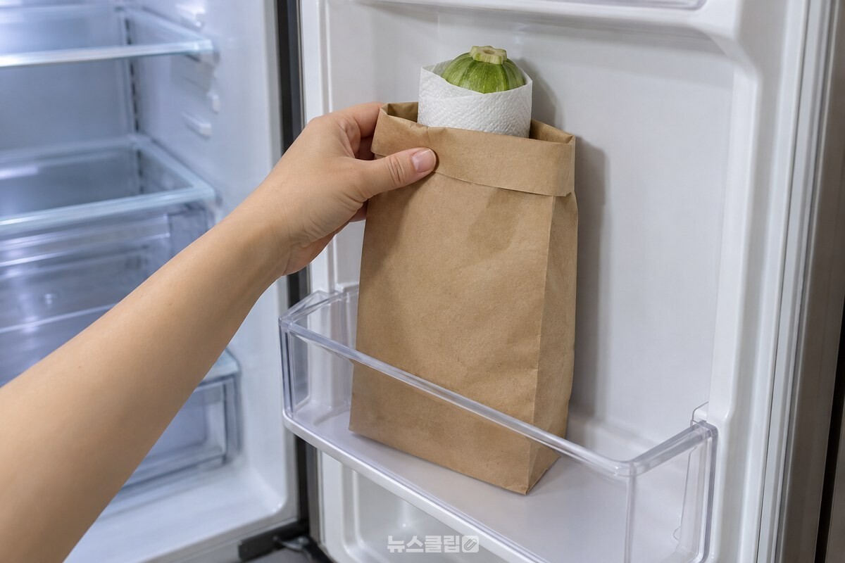 키친타월로 싼 애호박을 담은 종이봉투를 열린 냉장고 문 쪽 선반에 세워 넣는 모습. / 기사 이해를 돕기 위한 생성형 이미지