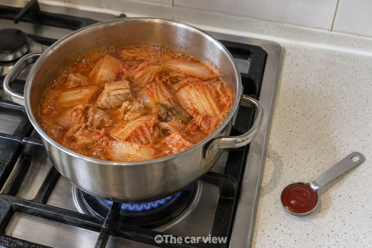 작은 계량스푼에 케첩 1작은술을 덜어 김치찌개 냄비 옆에 둔 모습 / 기사 이해를 돕기 위한 생성형 이미지