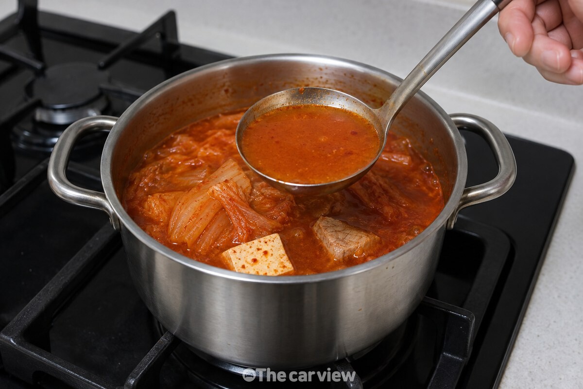 밝은 붉은 국물을 국자로 떠 올린 김치찌개 / 기사 이해를 돕기 위한 생성형 이미지