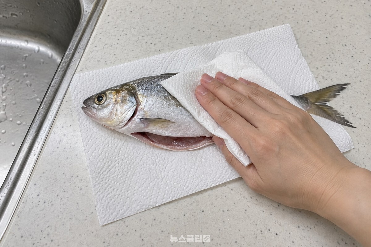 키친타월로 손질한 전어의 몸통과 배 속 물기를 눌러 닦는 모습. / 기사 이해를 돕기 위한 생성형 이미지