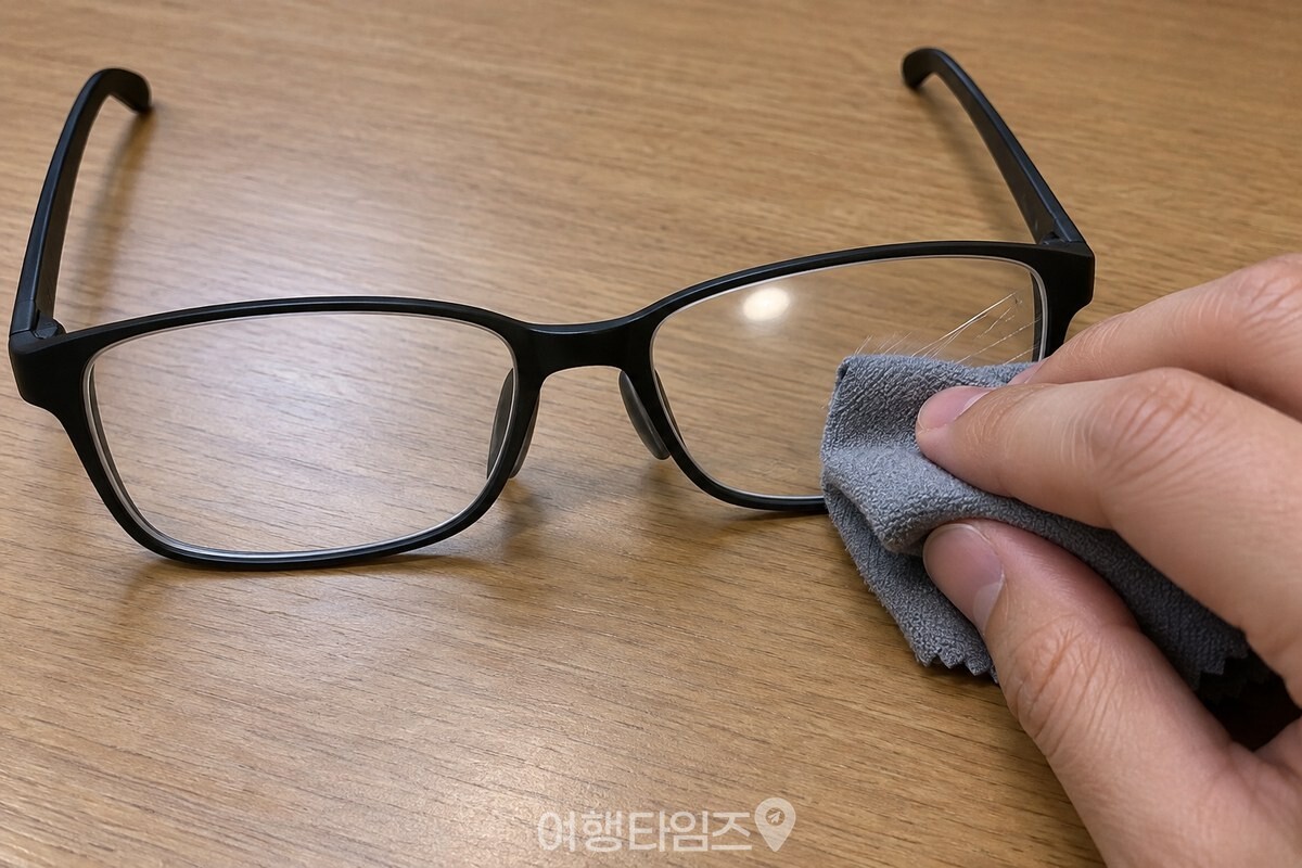 회색 극세사 안경닦이를 접어 렌즈 표면을 마른 채로 문지르는 손, 렌즈 한쪽에 가는 선 자국이 옅게 비친다. / 기사 이해를 돕기 위한 생성형 이미지