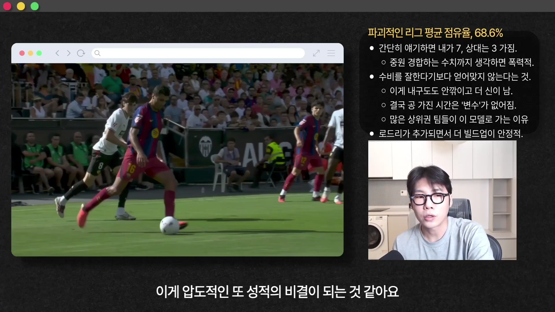 안경을 쓴 남성이 마이크 앞에서 대화하고 있고, 화면 오른쪽에는 리그 평균 점유율과 관련된 요점들이 정리된 텍스트가, 왼쪽에는 축구 경기 영상이 재생되는 모습.