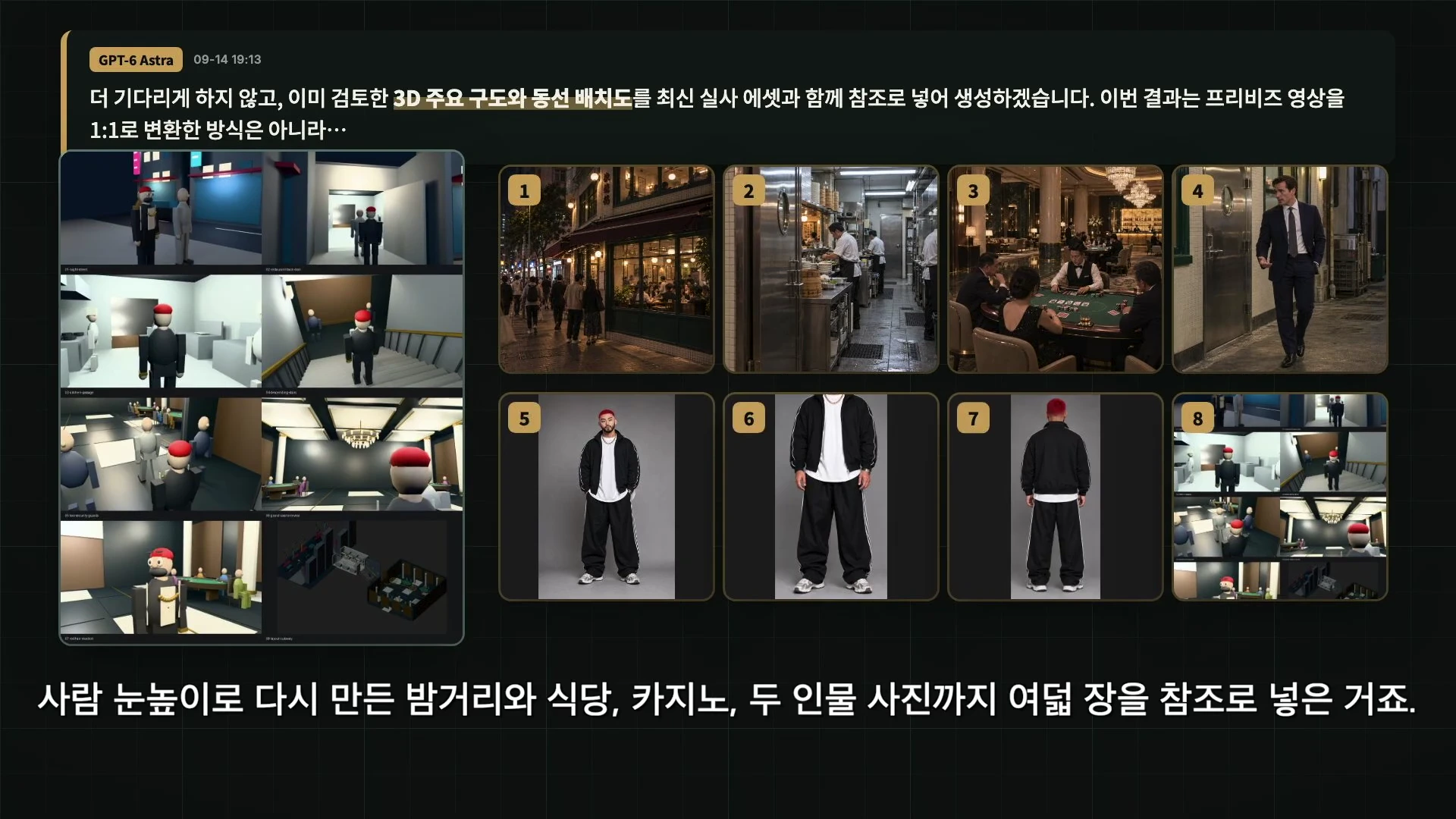 화면 상단에는 시스템 메시지가 표시되어 있고, 왼쪽에는 3D로 모델링된 건물 내부와 동선이 8개 장면으로 나뉘어 있으며, 오른쪽에는 번호가 매겨진 8장의 실사풍 이미지와 3D 구도 참조 이미지가 나열되어 있습니다.
