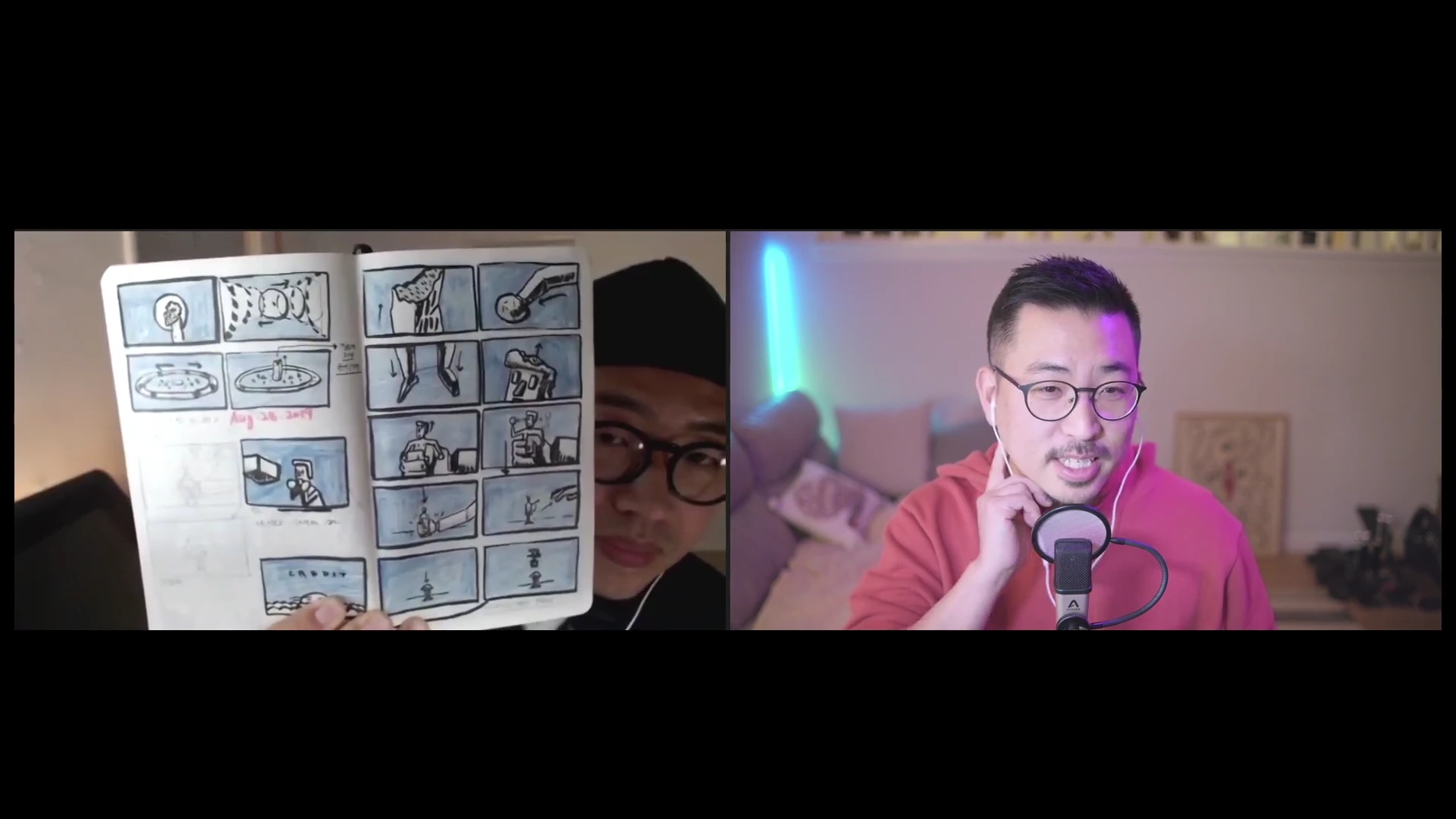 분할 화면으로 구성된 영상 속에서 왼쪽은 손으로 직접 그린 여러 칸의 스토리보드가 담긴 노트를 보여주고 있고, 오른쪽은 안경을 쓴 남성이 마이크 앞에서 대화하는 모습이다.